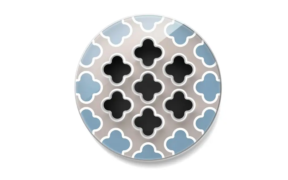 Fränkische Designgitter mit einem ovalen Muster, bestehend aus blauen und schwarzen Elementen auf einem hellen Hintergrund. Ideal für Anwendungen im Innenbereich.